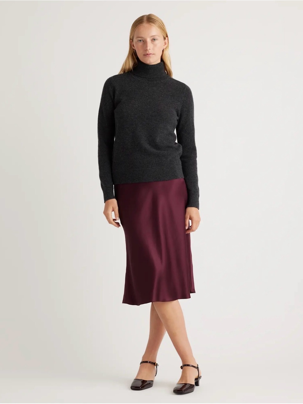 Quince Burgundy Satin Washable Silk Midi Skirt - Picture 10 of 10